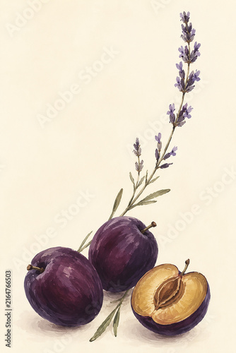 Ripe Purple Plums with Lavender – Food Illustration