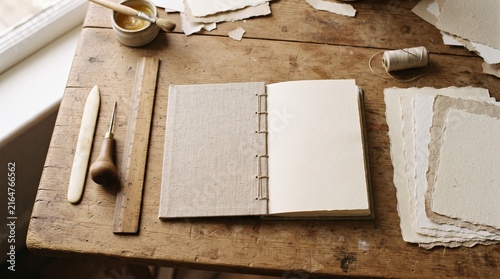 Bookbinding tools and raw handmade paper surround a partially stitched journal spine.