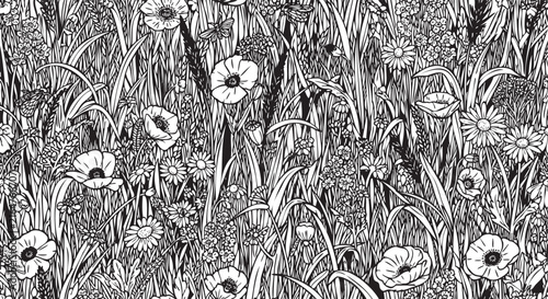 Seamless Floral Vector Pattern, Engraved Style Wildflowers and Grass Texture, Botanical Wallpaper Background, Garden Meadow Design