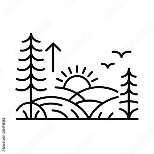 Minimalist landscape scenery with pine trees and rising sun vector icon for nature design