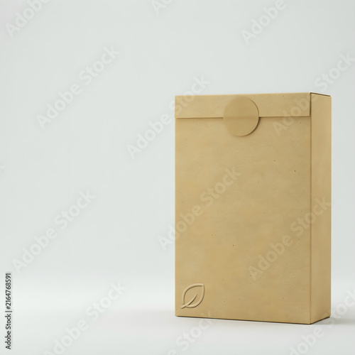 Eco friendly brown cardboard paper box packaging mockup with leaf symbol and round seal on light background