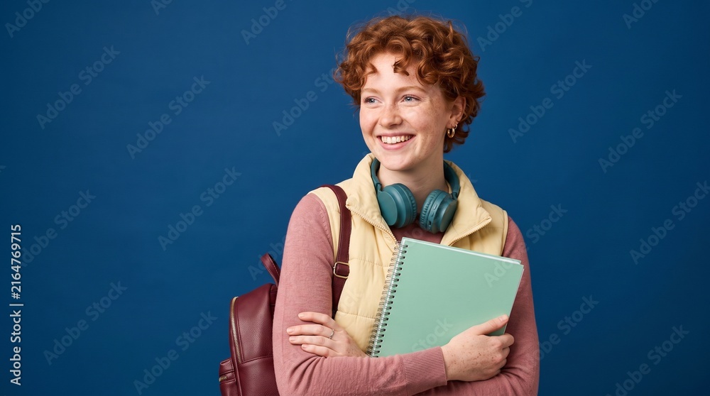 Obraz premium Happy redheaded female student wearing a yellow vest and backpack holding a green notebook against a solid blue studio background