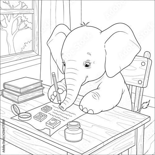 Cute Elephant Drawing and Painting at a Desk, Adorable Cartoon Animal Artist with Art Supplies, Black and White Line Art Illustration for Kids Coloring Book