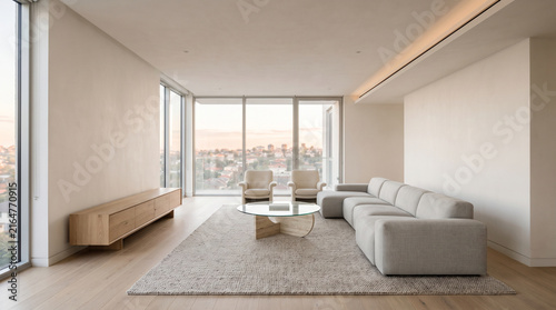 Modern minimalist living room interior with grey sectional sofa wall mockup and panoramic city view