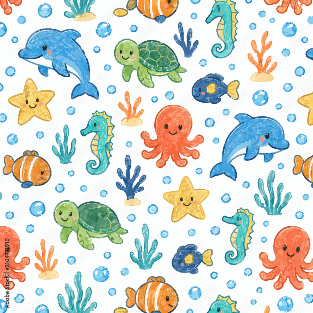 Naklejka premium Seamless Ocean Pattern with Cute Crayon Style Dolphin, Turtle, Octopus and Seahorse