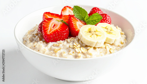 Bowl of oatmeal topped with fresh strawberries and banana slices, white background. AI