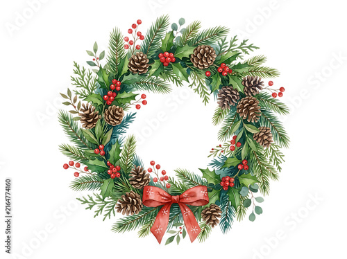 Christmas wreath with pinecones, red berries, and gold bow on transparent background