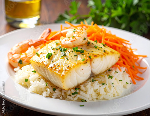 White cod fish sauteed with prawns in garlic butter with rice, shredded carrots, white plate. AI