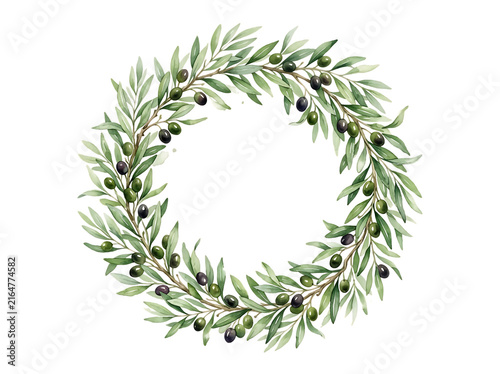 Watercolor olive branch wreath isolated on white background for wedding invitation design.