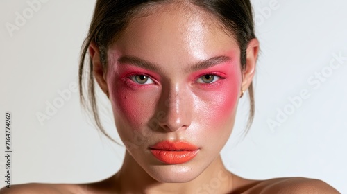Portrait of a stylish brunette with pink makeup and orange lipstick, warm lighting, head-and-shoulders composition