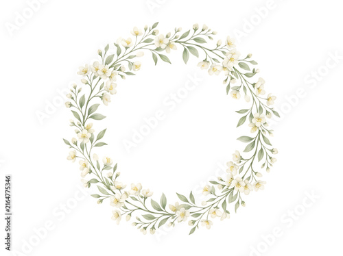 Watercolor floral wreath with delicate white flowers and green leaves isolated on white