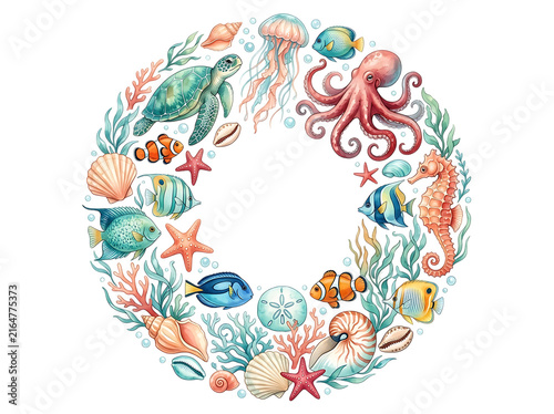 Watercolor marine life wreath with sea animals and tropical fish on white background