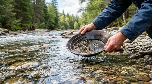 Hands panning for gold in a shallow river with gravel and visible gold flakes. Gold prospecting and outdoor mining activity