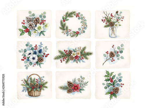 Watercolor Christmas floral elements set with winter greenery and festive holiday berries