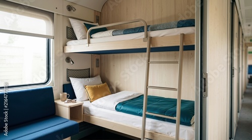 Modern train compartment with wooden bunk beds. Sleeping car interior with ladder and blue bedding for rail travel