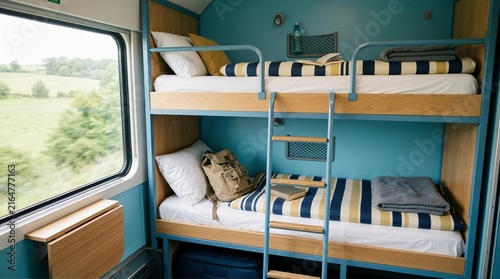 Sleeper train compartment with bunk beds and countryside window view. Rail travel room with striped bedding and backpack