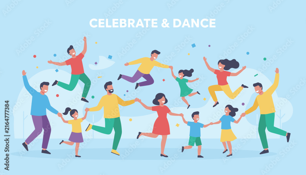 Fototapeta premium Diverse group of happy people, adults and children, are jumping and dancing together in a joyful celebration scene.
