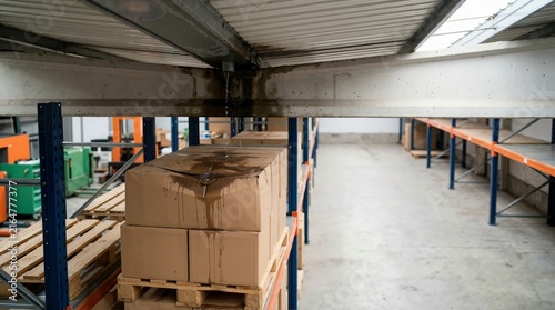 Water leaking from warehouse ceiling onto cardboard boxes on pallets. Roof leak causing industrial storage damage