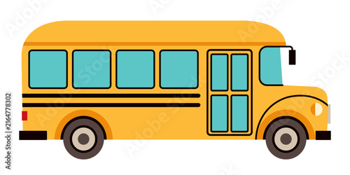 Colorful school bus vector illustration in flat cartoon style, isolated on white background. Bright yellow vehicle for education, transportation, children, school, back to school design. Hand drawn.