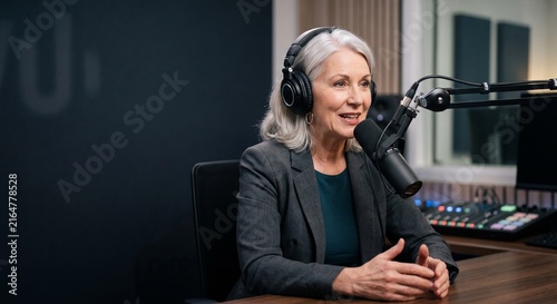 Senior Female Podcast Host Studio Microphone Headphones