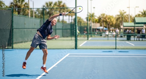 Senior Male Tennis Player Serving Ball Sunlit Court