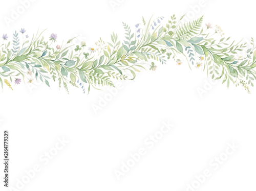 Watercolor floral border with green leaves and small flowers on white background
