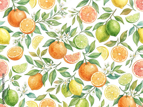 Watercolor citrus fruit seamless pattern with oranges, lemons, limes and green leaves