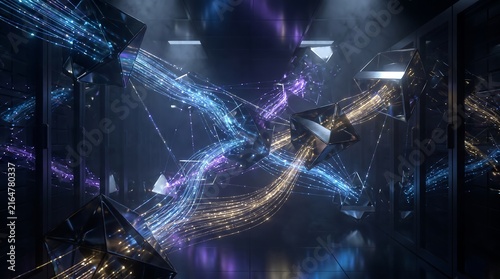 Abstract data flow represented by glowing fiber optic lines connecting glass cubes floating in dark server rack environment with neon blue and purple highlights.