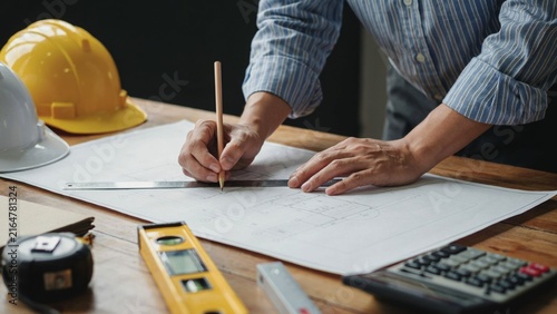 Architect drawing construction blueprints with pencil and ruler on wooden desk