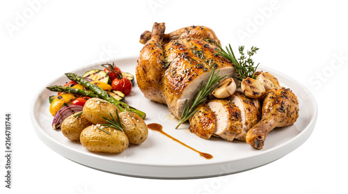 Roasted whole chicken with golden skin, herb seasoned poultry with roasted potatoes and asparagus, gourmet dinner plate isolated PNG with Transparent Background