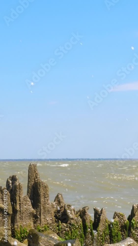Serene coastal landscape with rock formations. Waves gently crash against shore under clear blue sky. Ideal for nature, travel, and relaxation themes. Vertical orientation enhances visual appeal.