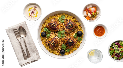 Traditional chicken kabsa with yellow rice, roasted chicken thighs with middle eastern spices, authentic arabian cuisine with side dishes isolated PNG with Transparent Background