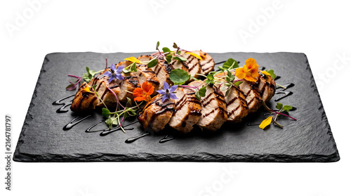 Grilled chicken breast with balsamic glaze and edible flowers, sliced gourmet poultry on slate board, elegant restaurant appetizer isolated PNG with Transparent Background