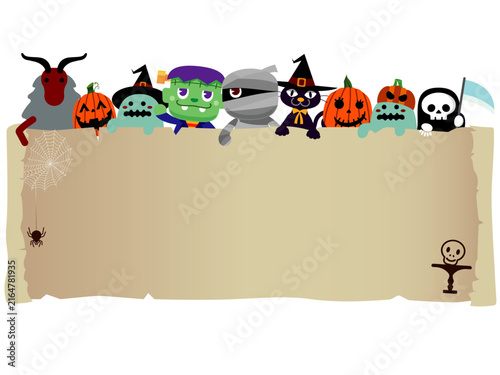 ハロウィンのキャラクターが集まる羊皮紙風メッセージフレーム