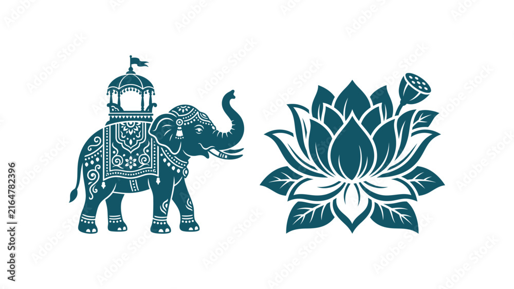 Fototapeta premium Decorated Indian elephant with ornate howdah and flag standing next to a blooming lotus flower, isolated vector graphic design. Flat vector illustration EPS 10.