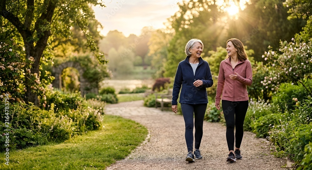 Fototapeta premium Happy Senior Woman Walking with Daughter in Sunlight