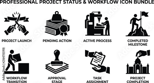 Foto Professional project status and workflow icon bundle featuring launch, pending a