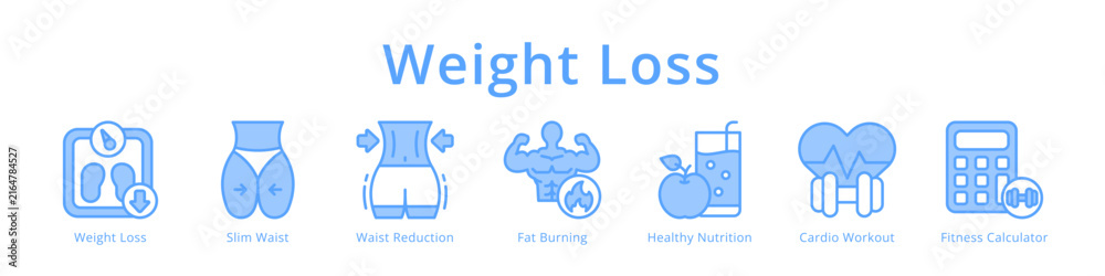 Fototapeta premium Weight loss icons featuring slim waist, fat burning, healthy nutrition and cardio workout for fitness diet design.