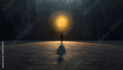 Silhouette man stands before giant glowing golden portal within dark concrete hall.