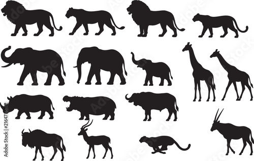 Photography african safari animals silhouettes set wild fauna vector illustration