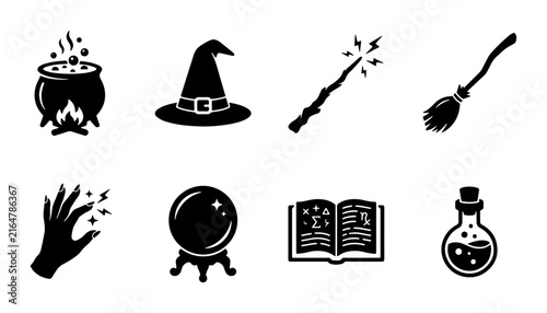 Фотография Witchcraft magic icons set, 8 black vector symbols, occult cauldron and wizard h