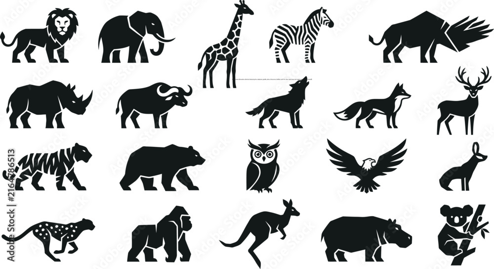 Obraz premium Wild animal silhouette collection featuring lion, elephant, giraffe, zebra, rhinoceros, buffalo, wolf, fox, deer, tiger, bear, owl, eagle and kangaroo clipart