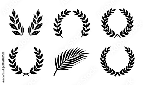 Vintage laurel wreath collection, black heraldic leaf borders, 6 award vector icons for logos