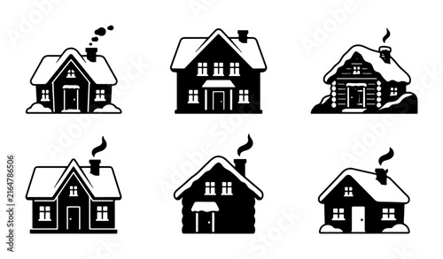 Winter house icons set, 6 snowy cottage vector silhouettes, black and white cabin illustrations