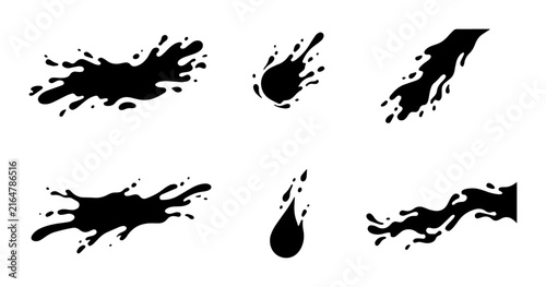 Black ink splatters and liquid splashes set, 6 vector paint drips and blotches, messy fluid stain collection for graphic design