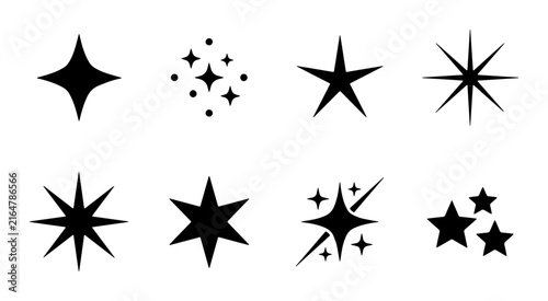 Sparkle star icon set, black twinkle starburst vector, 8 twinkling glitter shapes for design