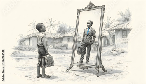 Young boy looking into mirror seeing future self as successful businessman image.