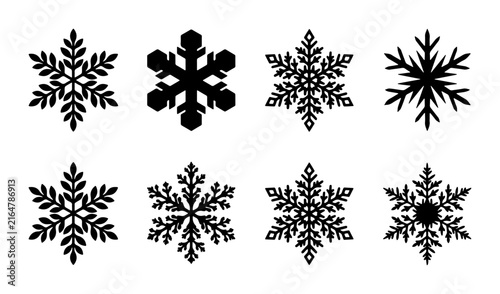 Minimalist snowflake vector icons, set of 8 black winter snow crystal silhouettes, elegant holiday decorative elements for seasonal design