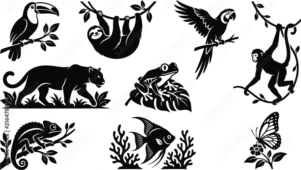 Fototapeta premium Wildlife animal silhouette collection featuring toucan, sloth, parrot, monkey, frog, panther, chameleon, fish, butterfly and tropical forest creatures isolated on white background