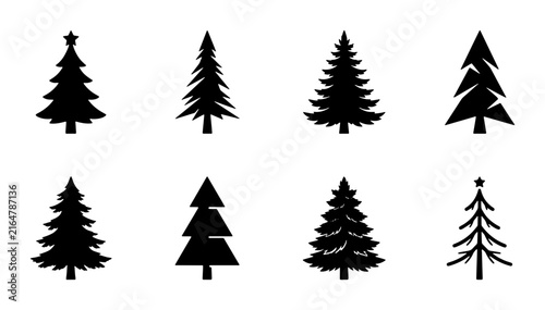 Minimalist Christmas tree icon set, black pine tree silhouettes, 8 evergreen fir vector elements for winter holiday design